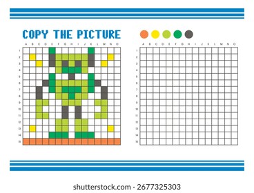 Copy the picture grid drawing worksheet for kids. Fun and educational coloring activity. Suitable for practicing drawing and coordination skills. Pixel art robot