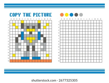 Copy the picture grid drawing worksheet for kids. Fun and educational coloring activity. Suitable for practicing drawing and coordination skills. Pixel art robot