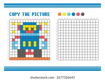 Copiar a planilha de desenho da grade de imagem para crianças. Atividade de coloração divertida e educacional. Adequado para praticar habilidades de desenho e coordenação. Robô Pixel Art