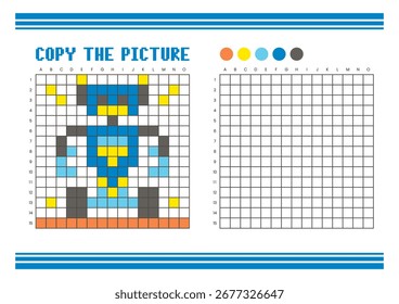 Copy the picture grid drawing worksheet for kids. Fun and educational coloring activity. Suitable for practicing drawing and coordination skills. Pixel art robot