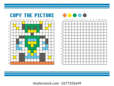 Kopieren Sie das Arbeitsblatt zum Zeichnen des Bildrasters für Kinder. Spaß und pädagogische Farbaktivität. Geeignet für das Üben von Zeichnen und Koordination Fähigkeiten. Pixel Art Roboter