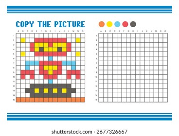 Copie la hoja de cálculo de dibujo de cuadrícula de imagen para niños. Diversión y actividad educativa para colorear. Adecuado para practicar habilidades de dibujo y coordinación. Robot de arte de píxeles