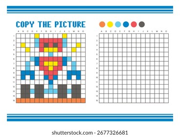 Copy the picture grid drawing worksheet for kids. Fun and educational coloring activity. Suitable for practicing drawing and coordination skills. Pixel art robot