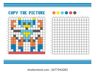 Copie la hoja de cálculo de dibujo de cuadrícula de imagen para niños. Diversión y actividad educativa para colorear. Adecuado para practicar habilidades de dibujo y coordinación. Robot de arte de píxeles