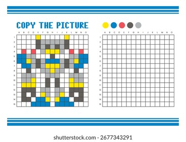 Copy the picture grid drawing worksheet for kids. Fun and educational coloring activity. Suitable for practicing drawing and coordination skills. Pixel art robot