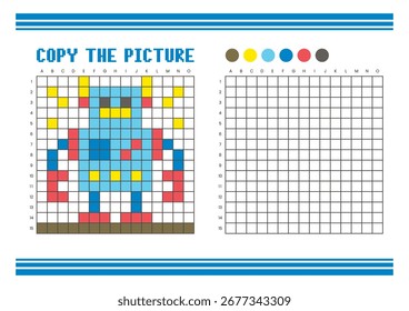 Copie la hoja de cálculo de dibujo de cuadrícula de imagen para niños. Diversión y actividad educativa para colorear. Adecuado para practicar habilidades de dibujo y coordinación. Robot de arte de píxeles