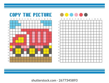 Copy the picture grid drawing worksheet for kids. Fun and educational coloring activity. Suitable for practicing drawing and coordination skills. Pixel art truck
