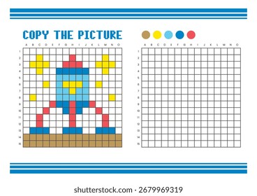 Copiar a planilha de desenho da grade de imagem para crianças. Atividade de coloração divertida e educacional. Adequado para praticar habilidades de desenho e coordenação. Foguete de arte Pixel