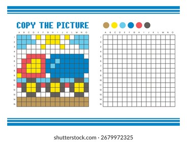 Copy the picture grid drawing worksheet for kids. Fun and educational coloring activity. Suitable for practicing drawing and coordination skills. Pixel art tanker truck
