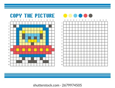 Copie la hoja de cálculo de dibujo de cuadrícula de imagen para niños. Diversión y actividad educativa para colorear. Adecuado para practicar habilidades de dibujo y coordinación. Pixel art robots alienígenas