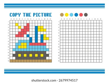 Copy the picture grid drawing worksheet for kids. Fun and educational coloring activity. Suitable for practicing drawing and coordination skills. Pixel art satellite
