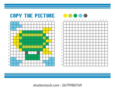 Copy the picture grid drawing worksheet for kids. Fun and educational coloring activity. Suitable for practicing drawing and coordination skills. Pixel art zeppelin