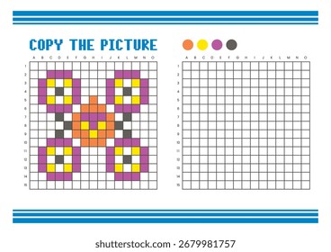Copie la hoja de cálculo de dibujo de cuadrícula de imagen para niños. Diversión y actividad educativa para colorear. Adecuado para practicar habilidades de dibujo y coordinación. Dron de arte de píxeles