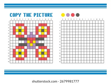 Copy the picture grid drawing worksheet for kids. Fun and educational coloring activity. Suitable for practicing drawing and coordination skills. Pixel art drone