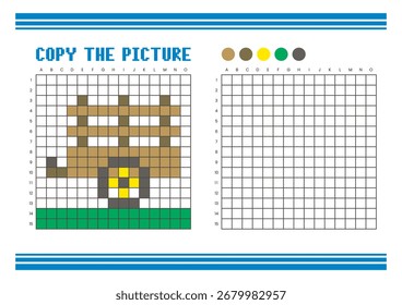 Kopieren Sie das Arbeitsblatt zum Zeichnen des Bildrasters für Kinder. Spaß und pädagogische Farbaktivität. Geeignet für das Üben von Zeichnen und Koordination Fähigkeiten. Pixel-Kunstwagen
