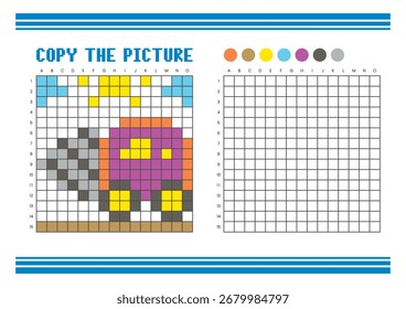 Copy the picture grid drawing worksheet for kids. Fun and educational coloring activity. Suitable for practicing drawing and coordination skills. Pixel art heavy drill equipment