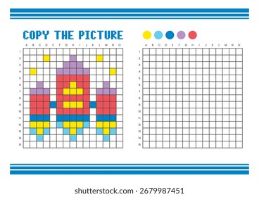 Copy the picture grid drawing worksheet for kids. Fun and educational coloring activity. Suitable for practicing drawing and coordination skills. Pixel art rocket