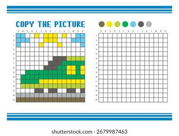 Copy the picture grid drawing worksheet for kids. Fun and educational coloring activity. Suitable for practicing drawing and coordination skills. Pixel art modern train