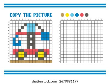 Copie la hoja de cálculo de dibujo de cuadrícula de imagen para niños. Diversión y actividad educativa para colorear. Adecuado para practicar habilidades de dibujo y coordinación. Grúa de torre de arte Pixel