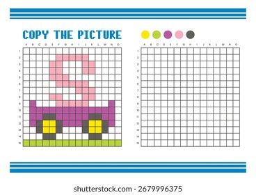 Copiar a planilha de desenho da grade de imagem para crianças. Atividade de coloração divertida e educacional. Adequado para praticar habilidades de desenho e coordenação. Carrinho de arte Pixel e letra S