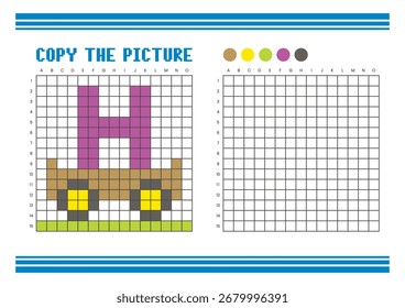 Copy the picture grid drawing worksheet for kids. Fun and educational coloring activity. Suitable for practicing drawing and coordination skills. Pixel art cart and letter H
