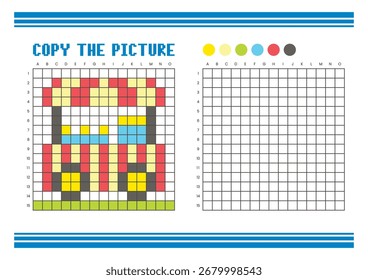 Copy the picture grid drawing worksheet for kids. Fun and educational coloring activity. Suitable for practicing drawing and coordination skills. Pixel art food cart
