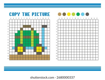 Copy the picture grid drawing worksheet for kids. Fun and educational coloring activity. Suitable for practicing drawing and coordination skills. Pixel art luggage cart and a bag