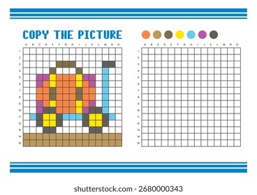 Copiar a planilha de desenho da grade de imagem para crianças. Atividade de coloração divertida e educacional. Adequado para praticar habilidades de desenho e coordenação. Pixel arte carrinho de bagagem e uma mala