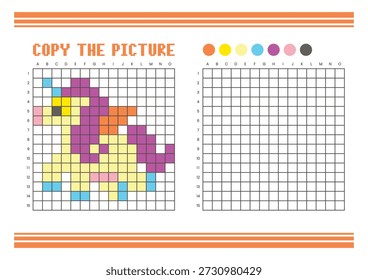 Copiar a planilha de desenho da grade de imagem para crianças. Atividade de coloração divertida e educacional. Adequado para praticar habilidades de desenho e coordenação. Pixel arte pônei fantasia