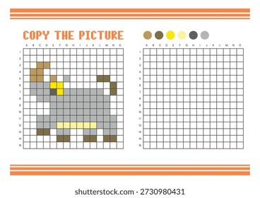 Copie la hoja de cálculo de dibujo de cuadrícula de imagen para niños. Diversión y actividad educativa para colorear. Adecuado para practicar habilidades de dibujo y coordinación. Rinoceronte del arte del píxel