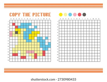 Copiar a planilha de desenho da grade de imagem para crianças. Atividade de coloração divertida e educacional. Adequado para praticar habilidades de desenho e coordenação. Pixel arte pônei fantasia