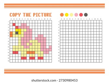 Copie la hoja de cálculo de dibujo de cuadrícula de imagen para niños. Diversión y actividad educativa para colorear. Adecuado para practicar habilidades de dibujo y coordinación. Pixel arte fantasía pony