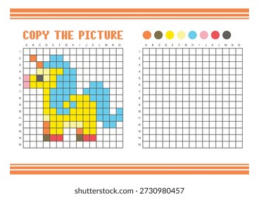 Copie la hoja de cálculo de dibujo de cuadrícula de imagen para niños. Diversión y actividad educativa para colorear. Adecuado para practicar habilidades de dibujo y coordinación. Pixel arte fantasía pony