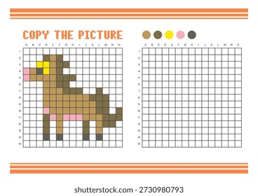 Copy the picture grid drawing worksheet for kids. Fun and educational coloring activity. Suitable for practicing drawing and coordination skills. Pixel art horse