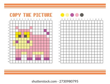 Copie la hoja de cálculo de dibujo de cuadrícula de imagen para niños. Diversión y actividad educativa para colorear. Adecuado para practicar habilidades de dibujo y coordinación. Hipopótamo del arte del píxel