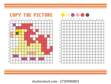 Copie la hoja de cálculo de dibujo de cuadrícula de imagen para niños. Diversión y actividad educativa para colorear. Adecuado para practicar habilidades de dibujo y coordinación. Pixel arte fantasía pony