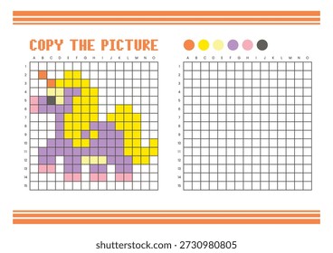 Copie la hoja de cálculo de dibujo de cuadrícula de imagen para niños. Diversión y actividad educativa para colorear. Adecuado para practicar habilidades de dibujo y coordinación. Pixel arte fantasía pony