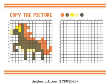 Copie la hoja de cálculo de dibujo de cuadrícula de imagen para niños. Diversión y actividad educativa para colorear. Adecuado para practicar habilidades de dibujo y coordinación. Caballo del arte del pixel