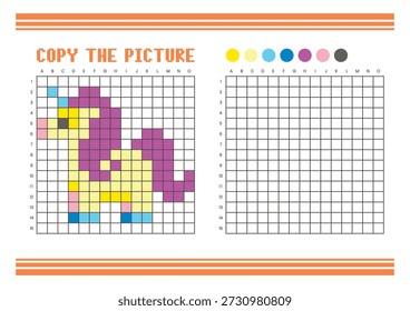 Copiar a planilha de desenho da grade de imagem para crianças. Atividade de coloração divertida e educacional. Adequado para praticar habilidades de desenho e coordenação. Pixel arte pônei fantasia