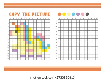 Copie la hoja de cálculo de dibujo de cuadrícula de imagen para niños. Diversión y actividad educativa para colorear. Adecuado para practicar habilidades de dibujo y coordinación. Pixel arte fantasía pony