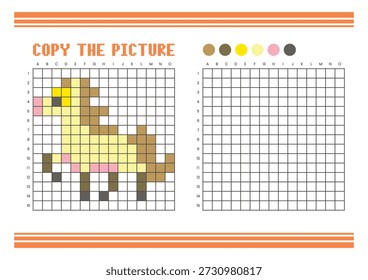 Copie la hoja de cálculo de dibujo de cuadrícula de imagen para niños. Diversión y actividad educativa para colorear. Adecuado para practicar habilidades de dibujo y coordinación. Caballo del arte del pixel