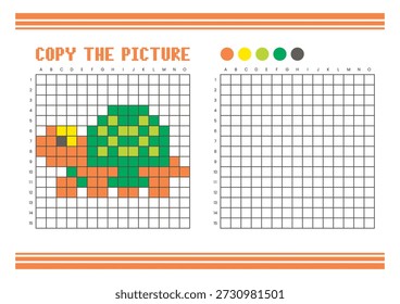 Copy the picture grid drawing worksheet for kids. Fun and educational coloring activity. Suitable for practicing drawing and coordination skills. Pixel art tortoise