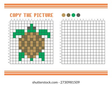 Kopieren Sie das Arbeitsblatt zum Zeichnen des Bildrasters für Kinder. Spaß und pädagogische Farbaktivität. Geeignet für das Üben von Zeichnen und Koordination Fähigkeiten. Pixel Art Turtle