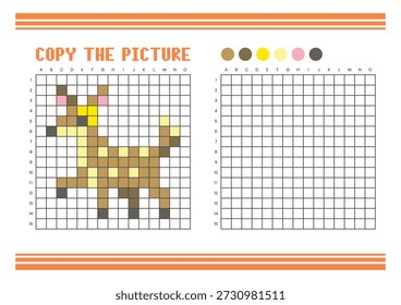 Copie la hoja de cálculo de dibujo de cuadrícula de imagen para niños. Diversión y actividad educativa para colorear. Adecuado para practicar habilidades de dibujo y coordinación. Pixel art ratón ciervo