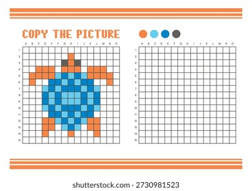 Kopieren Sie das Arbeitsblatt zum Zeichnen des Bildrasters für Kinder. Spaß und pädagogische Farbaktivität. Geeignet für das Üben von Zeichnen und Koordination Fähigkeiten. Pixel Art Turtle