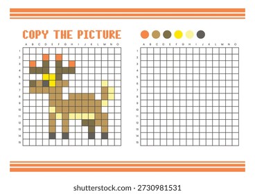 Copie la hoja de cálculo de dibujo de cuadrícula de imagen para niños. Diversión y actividad educativa para colorear. Adecuado para practicar habilidades de dibujo y coordinación. Pixel art deer