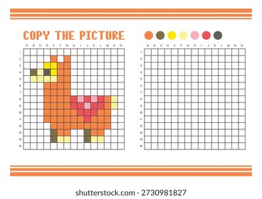 Copy the picture grid drawing worksheet for kids. Fun and educational coloring activity. Suitable for practicing drawing and coordination skills. Pixel art llama