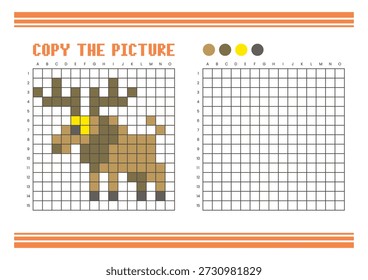 Kopieren Sie das Arbeitsblatt zum Zeichnen des Bildrasters für Kinder. Spaß und pädagogische Farbaktivität. Geeignet für das Üben von Zeichnen und Koordination Fähigkeiten. Pixel Art Moose