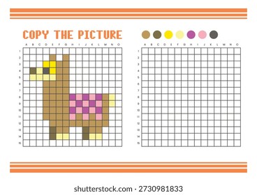 Copiar a planilha de desenho da grade de imagem para crianças. Atividade de coloração divertida e educacional. Adequado para praticar habilidades de desenho e coordenação. Pixel art lhama