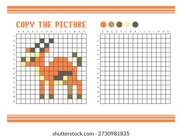 Copie la hoja de cálculo de dibujo de cuadrícula de imagen para niños. Diversión y actividad educativa para colorear. Adecuado para practicar habilidades de dibujo y coordinación. Píxel art antélope